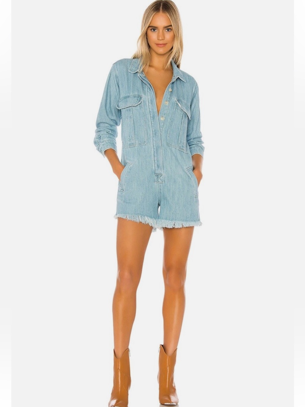 Free People Light Blue Denim Romper Shorts